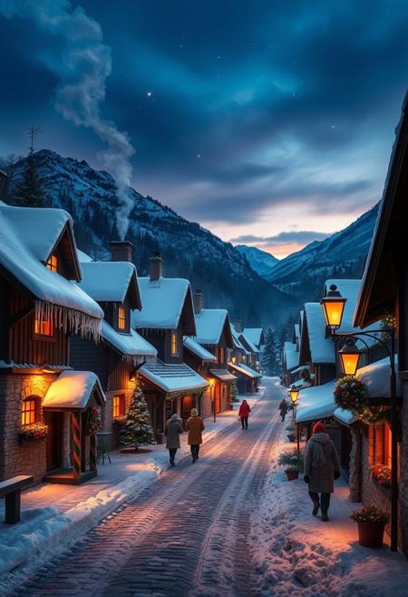 A quaint, snow-covered village nestled in the mountains at twilight. Smoke curls up from chimneys, and warm lights glow in the windows of cozy cottages with steep, snow-covered roofs. Icicles hang from the eaves, and snowflakes drift gently through the air. A few villagers wrapped in scarves and coats walk along the cobblestone streets, and festive decorations line the lamp posts. The sky is a mix of deep blue and purple, with the first stars beginning to twinkle. The entire scene radiates warmth and tranquility despite the chilly setting.
