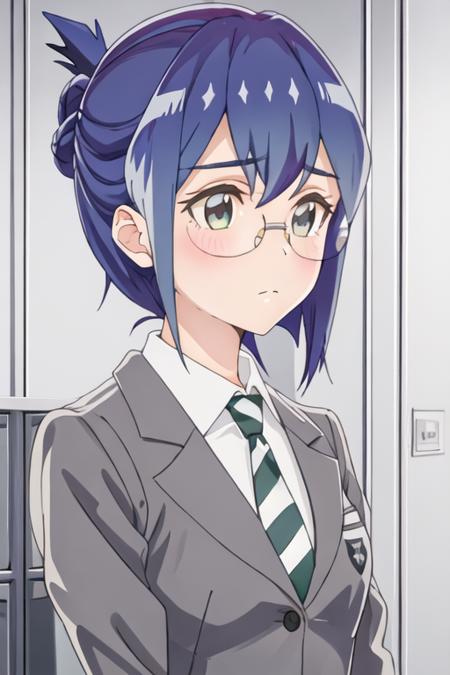 best quality, masterpiece, highres, solo, {mamiya_kanoko_watashinoyuriwaoshigotodesu:1.15}, blue_hair, green_eyes, blush, bangs, closed_mouth, short_hair, purple_hair, 2girls, blazer, collared_shirt, glasses, grey_jacket, indoors, jacket, multiple_girls, necktie, school_uniform, shirt, white_shirt, blonde_hair, blurry, looking_at_another, upper_body, blurry_foreground, striped_necktie, black_necktie, locker, solo_focus, striped