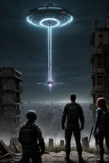 score_9, score_8_up, score_7_up, movie poster,
Title of the film in large letters in the center of the poster, striking image, alien spacecraft towering over a city in ruins in the background, 3 heroes look determinedly towards the horizon In the foreground, Captain Elena Rodriguez, Commander Li Wei, Sergeant Malik Ahmed, dark and menacing atmosphere, realistic, <lora:more_details:0.5>