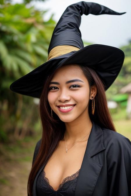 Realistic smiling sexy girl from Sao Tome as a witch