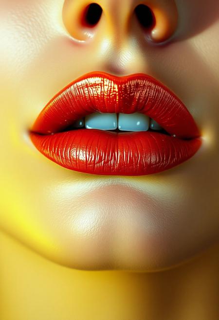 Vibrant,, great depth, ray tracing, professional photoshoot, glossy texture, green light,smooth finish,metallic finish, close up of Fashion model lips