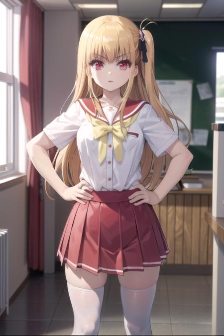 (((picture perfect))), (absurdres), 1girl, solo, <lora:yusa:0.8>, yusa nishimori, school uniform, serafuku, white shirt, red skirt, white thighhighs, red eyes, parted lips, v eyebrows, hands on hips, looking at viewer, classroom, window, light leaks