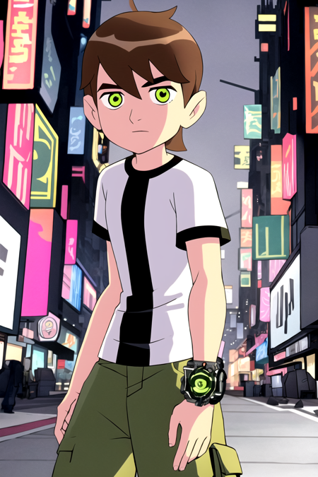 masterpiece, best quality, 1boy, bentennyson, green eyes, cargo pants, shirt, bracelet, cyberpunk city background <lora:Ben10:1>