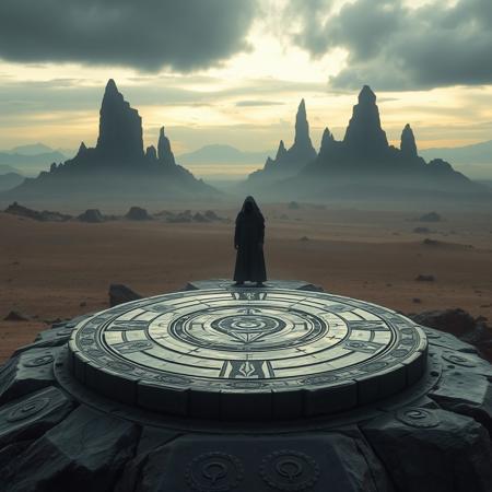 High-resolution, landscape image featuring a circular metallic platform in the foreground, laying on a flat rocky outcrop . The stone platform has intricate raised carvings, depicting strange alien symbols. Standing in the centre of the platform, a tall cloaked figure, shrouded in mist, can be seen. In the background dark granite spires rise majestically from a dry and barren landscape under an alien sky. The overall composition is balanced, with the stone platform as the focal point, leading the viewer's eye towards the distant mountains and dramatic sky.