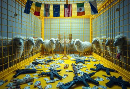 Inside a large, bright yellow cage, a mix of anthropomorphic sheep and humans interact, showcasing a blend of both species’ features in a surreal tableau. In the center of the cage, a menorah stands prominently, adding a layer of symbolism to the scene. The environment is illuminated with creepy lighting that casts unsettling shadows, enhancing the eerie atmosphere, while a pastel color palette softens the overall look. Scattered across the floor are euros and dollars, lying chaotically alongside hand grenades and M16 rifles. Above the cage, European Union, USA, Ukrainian, Israeli, and Iranian flags wave gently. The image captures a rich depth of field, emphasizing the contrast between the lively figures and the ominous presence of weapons and money