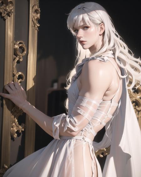 griffith,1boy,solo,<(masterpiece, realistic:1.3)>,<(wearing dress:1.3),Modern evening dress, <(silk dress:1.2),(loose dress:1.3), suspender skirt, white dress, Organza,long dress >,curly hair,dramatic pose,Bare back, bare thighs, bare arms, mature male,A bulging crotch,muscular,