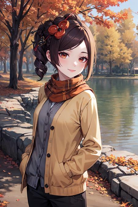 masterpiece, best quality, cowboy shot, looking at viewer, smile, chiori, streaked hair, hair ornament, hair stick, hair flower, scarf, cardigan, pants, hands in pocket, outdoors, dirt, autumn, tree, water, <lora:chiori_v1:0.8>