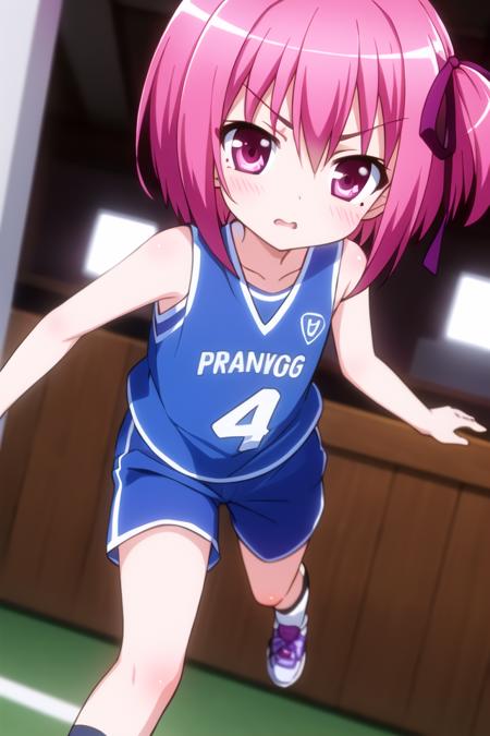 masterpiece, best quality, absurdres, cute, extremely detailed face, perfect lighting,
<lora:ro-kyu-bu_v7-000018:0.6>, minato tomoka, 1girl, solo, blush, short hair, hair ribbon, one side up, mole under eye,
jersey, short shorts, socks, shoes, running, v-shaped eyebrows,