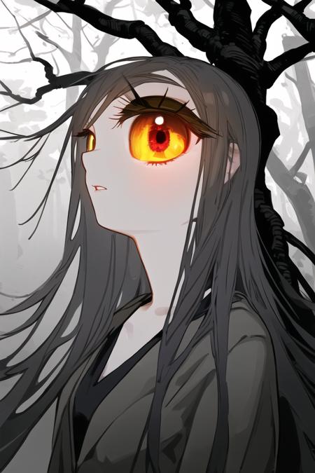 1girl, long hair, yellow eye, detailed pupil, BREAK, tree, eldritch atmosphere