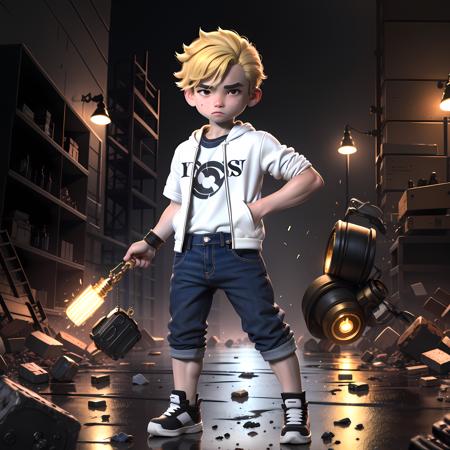 ((masterpiece, best quality)),(complex lighting),solo, looking at viewer, blonde hair, shirt, 1boy, jewelry, standing, jacket, full body, white shirt, short sleeves, male focus, open clothes, shoes, pants, open jacket,<lora:JaeyeonNam12-10:0.8>, fighting stance, destroyed debris