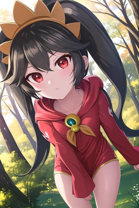 1girl, solo, ashley_warioware, red eyes, red jacket, expressionless, closed mouth, forest, <lora:AshleyWarioware:1>