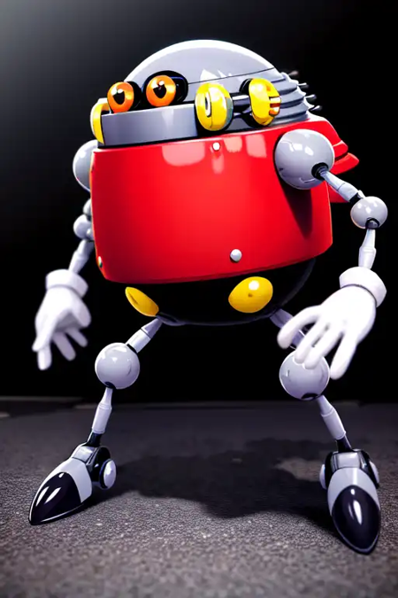 Eggrobo, robot, gray head, red shirt, jetpack, gray metallic limbs, holding gun, white gloves, black shoes with white straps