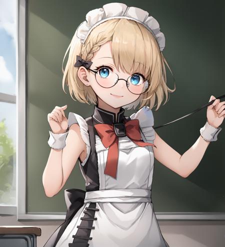 <lora:G36Cute:1>,solo,g36Cute,1girl,blond hair,blue eyes,maid,maid headdress,sleeveless,short hair,bowtie,glasses,classroom,braided bangs,smile