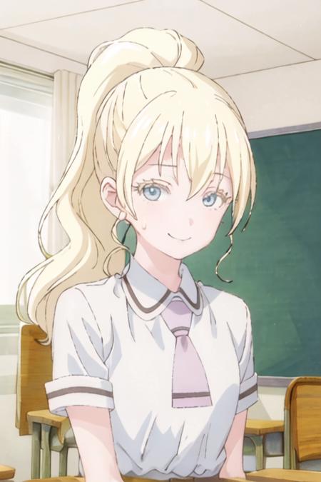 best quality, masterpiece, highres, solo, {olivia_asobiasobase:1.15}, blonde_hair, long_hair, blue_eyes, necktie, indoors, 1girl, bangs, chair, closed_mouth, collared_shirt, school_uniform, shirt, short_sleeves, sitting, upper_body, white_shirt, classroom, desk, window, school_desk, curtains, hair_between_eyes, looking_at_viewer, ponytail, smile, sweatdrop, wing_collar