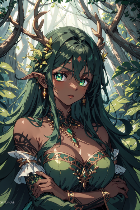 masterpiece, official art, best quality , extremely detailed, fantasyv2, 1girl, solo, long hair, looking at viewer, large breasts, black hair, hair ornament, dress, cleavage, bare shoulders, jewelry, green eyes, upper body, earrings, outdoors, detached sleeves, dark skin, necklace, dark-skinned female, tattoo, glowing, leaf, wavy hair, crossed arms, nature, glowing eyes, forest, antlers, shoulder tattoo , <lora:fantasyv2:0.8>