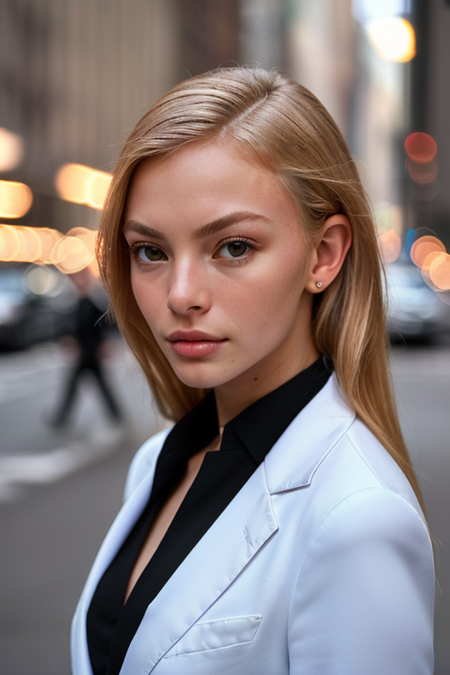 ImogenHarvey, photography by (Rodney Smith:1.3), ((upper body focus, shoulders)), modelshoot, pose, (business suit, black jacket, white blouse, facing viewer, busy Manhattan sidewalk, looking at viewer, blurry background, bokeh, ID photo:1.3), serious look