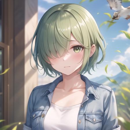 (masterpiece, best quality:1.2),illustration,8k,hd,1girl,upper body,(portrait:1.2),bird,solo,shirt,hair over eyes,green hair,denim shorts,bird on hand,clothes writing,jacket,open clothes,collarbone,white shirt,bangs,short shorts,<lora:Futaba Aoi(Casual wear)-V1:0.7>,