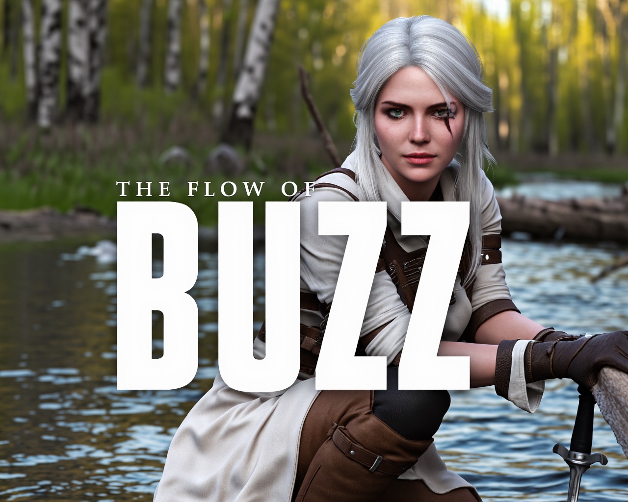 ciri__ciri_w3__woman___huge_scar_on_her_face_across_eye__white_witcher_outfit__brown_pants__gloves__sword__kneeling_at_the_water__at_a_river__birch_trees__huge_text_overlay__the_flow_of_1645014780.jpeg