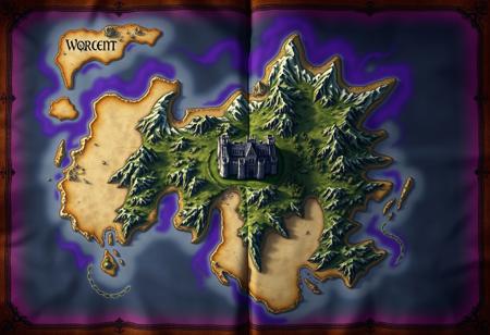 fantasy world map, one continent, snowy north, sandy south, forested east, middle castle. in the style of an old map, in an old book, surrounded by purple water, glowing edges, demonic. fjords.