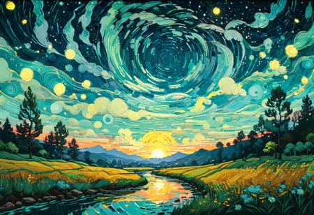Art by James R. Eads, Swirling and flowing lines define the vivid landscapes and sky, drawing inspiration from Van Gogh's Starry Night. each piece appears as a vision or a dream with psychedelic colors and a sense of movement that suggests a connection to the spiritual or metaphysical world. the style is heavily influenced by the natural world and uses bright and contrasting colors to add depth and emotion. by Satori Canton, acrylic painting, trending on pixiv fanbox, palette knife and brush strokes, style of makoto shinkai jamie wyeth james gilleard edward hopper greg rutkowski studio ghibli genshin impact<lora:xl_more_art-full_v1:0.3>