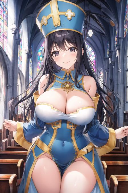 church, indoors, mitre, large breasts, wide hips, smile, looking at viewer, <lora:Mitre:0.6>