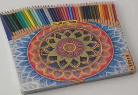 “Prismacolor Scholar” colored pencils (Box of 24), with an open mandala book which has started to be colored, pencils next to the book