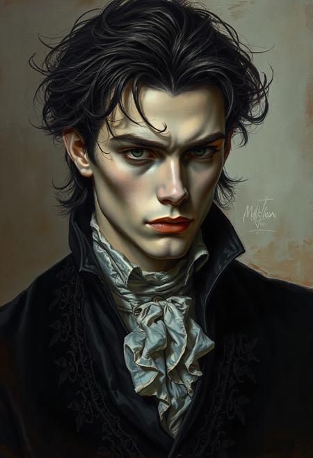 gothic male portrait, Valentin Rekunenko style, elegant expression, soft lighting, subtle shadows, pale skin, moody atmosphere, dark tousled hair, intricate facial details, baroque influence, melancholic mood, noble presence, high cheekbones, velvet clothing, embroidered trim, refined gothic elegance, painterly detail, romantic darkness, artistic portrait, dramatic realism