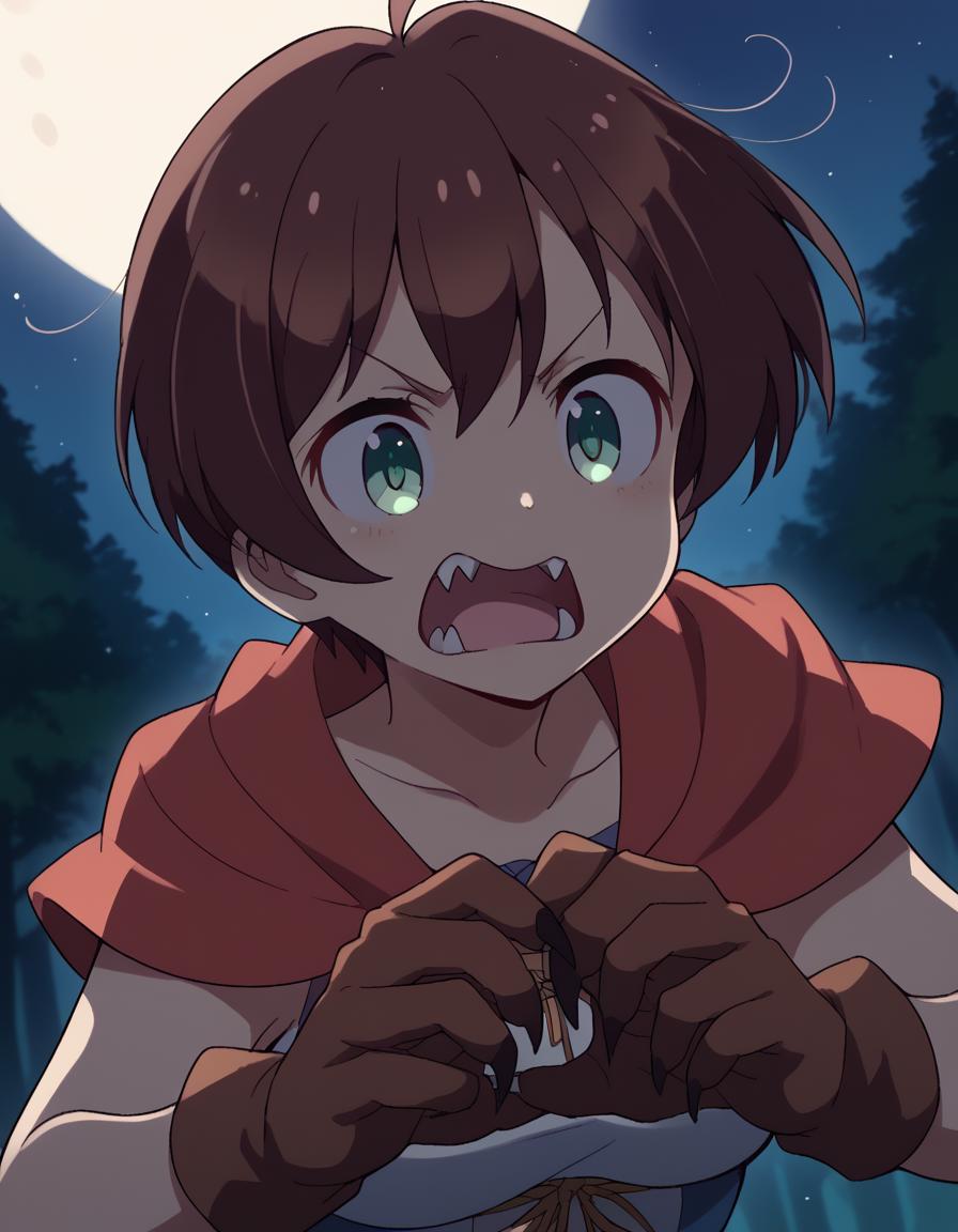 score_9, score_8_up, score_7_up, source_anime, <lora:hajime-shinoda-s2-ponyxl-lora-nochekaiser:1>, hajime shinoda, short hair, bangs, brown hair, green eyes, ahoge, medium breasts,, <lora:werewolf-ponyxl-lora-nochekaiser:1>, werewolf, furry, fangs, animal ears, gloves, angry, teeth, animal ear fluff,, forest, night, moon, open mouth, , dutch angle, cowboy shot