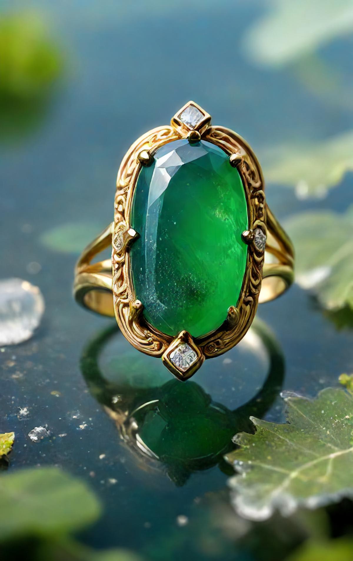 A ring with a green gemstone, possibly a jade, set in gold with diamonds around it.