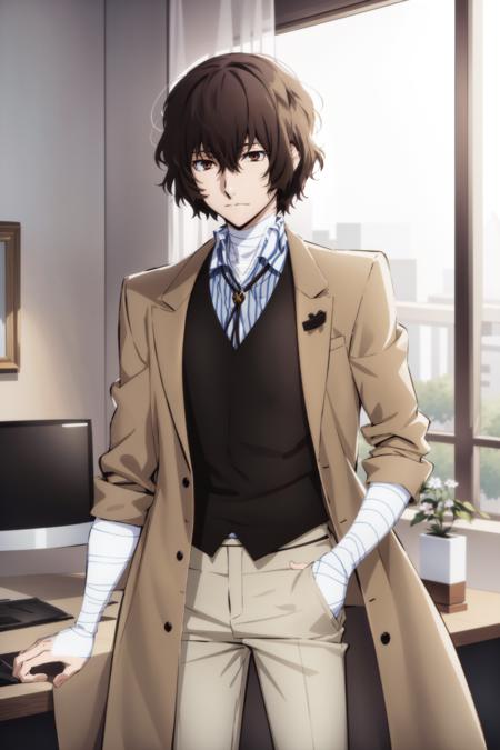 dazai, male focus, 1boy, brown hair, brown eyes, bandages, hair between eyes, shirt, pants, coat, short hair, vest, bandaged arm