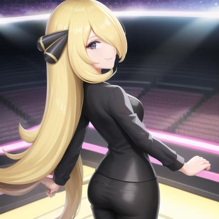 <lora:character_pokemon_cynthia_v2:0.5> (stadium), night, 1girl, character_pokemon_cynthia, solo, standing, from behind, from above, from side, hair over one eye, looking at viewer, looking back, smile, closed mouth, v-neck, long sleeves, pants, hair ornament