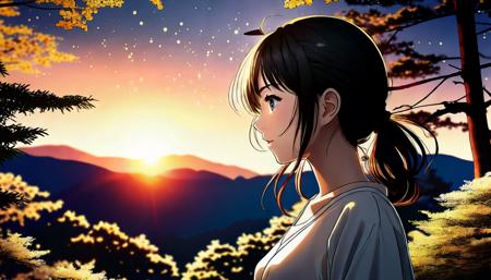 (Gorgeous manga:1.3) of (Ultra detailed manga:1.3), 8k, masterpiece, ((ultra detailed:1.1)),masterpiece, best quality, ultra high res, beautiful, visually stunning, elegant, incredible details,   world, 1girl, (black background:1.2), simple background, dynamic pose, sunset, forest, trees, scenery, close up to face