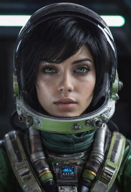 photo of a black hair woman, in space, futuristic space suit, (freckles:0.8) cute face, sci-fi, dystopian, detailed eyes, green eyes, 16k