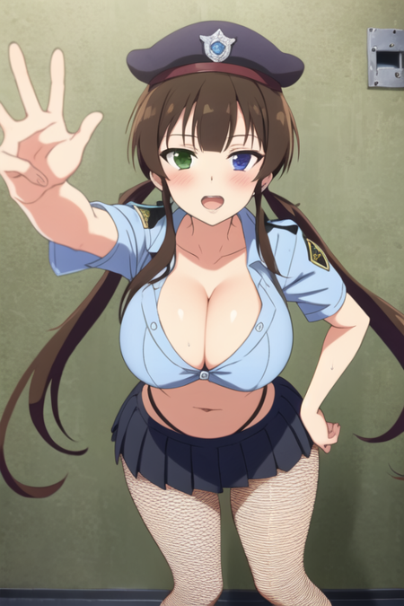 masterpiece, best quality, <lora:ryoubi-10:1>, 1girl, ryoubi \(senran kagura\), senran kagura, brown hair, long hair, twintails, low twintails, green eyes, blue eyes, heterochromia, looking at viewer, facing viewer, pov, breasts, large breasts, huge breasts, happy, open mouth, blush, hat, police hat, police uniform, policewoman, shirt, blue shirt, cleavage, fishnet top, crop top, midriff, navel, skirt, miniskirt, pleated skirt, black skirt, fishnet pantyhose, fishnet thighhighs, thick thighs, indoors, night, (prison, prison cell:1.5), feet out of frame, leaning forward, hand on hip, reaching out,