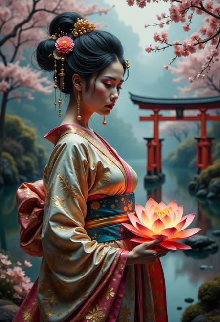 breathtaking scene of a legendary geisha standing in a misty, dreamlike Japanese garden at twilight. Her exquisitely embroidered silk kimono shimmers with intricate golden patterns, reflecting the lantern light. Delicate cherry blossoms swirl around her, carried by an ethereal wind. She holds a radiant lotus flower, glowing softly with an otherworldly aura, symbolizing serenity and wisdom. Her expression is both mysterious and elegant, framed by elaborate hair ornaments and jade hairpins. In the background, an ancient red torii gate rises from tranquil water, adding depth and mystique. The scene is rendered with ultra-detailed, cinematic lighting—hyperrealistic textures, smooth flowing silk, and dramatic contrasts between light and shadow. Photorealistic 8K resolution, masterpiece, dynamic composition, magical realism, epic storytelling, breathtaking color harmony.