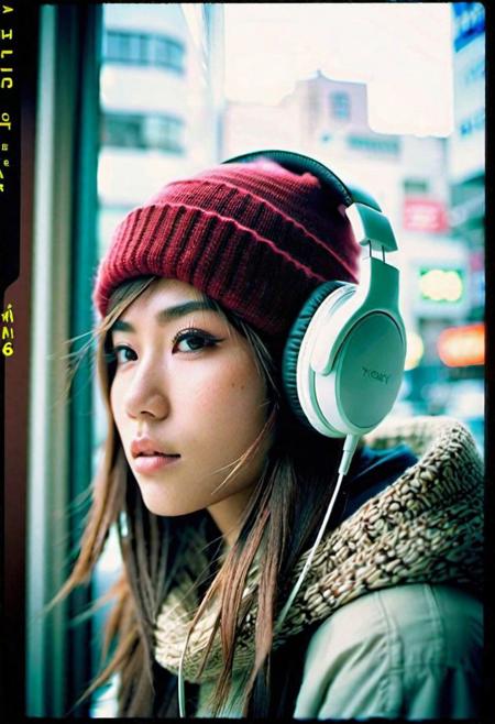 japanese otaku girl,winter hat, headphones,(beautiful face,exquisite face,skin texture:1.2), (ultra-wide angle:1.3), half body portrait from side, watching window, (masterpiece,best quality,ultra high res:1.2),(photo-realistic:1.3),tokyo street, day, mood, polaroid color 600 instant analog film, faded, blurry, motion blur, ((grainy))