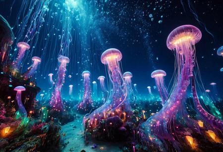 masterpiece, best quality, ultra-detailed, vivid lighting, wide-angle underwater shot. A vast, dreamlike marine world glowing with vibrant, bioluminescent light. The ocean floor is teeming with life — coral towers and waving sea anemones in radiant purples, pinks, blues, and greens, each pulsing softly like underwater lanterns. Enormous jellyfish drift slowly through the water, their translucent bodies trailing long luminous tendrils. Schools of small fish swim in coordinated patterns, their scales reflecting the colored light like polished glass. Gigantic deep-sea creatures hover silently in the distance, casting shimmering shadows over the reef. The bioluminescent sources — fish, flora, and mysterious deep-sea entities — are the only illumination, painting the scene with brilliant, surreal hues. The water is crystal clear, filled with glowing particles in constant motion, giving the impression of drifting stardust. Mood: awe-inspiring, enchanted, full of movement and life.