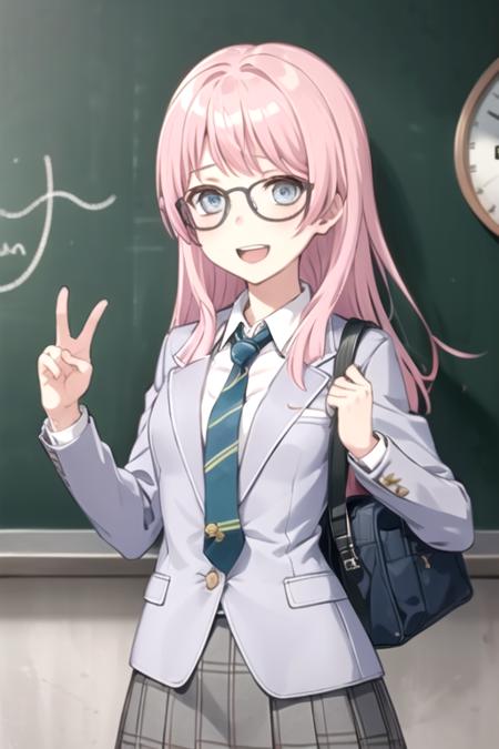 <lora:ChihayaAnon-07:0.7> , anonmygo, 1girl, solo, long hair, smile, open mouth, blue eyes, shirt, long sleeves, school uniform, jacket, white shirt, upper body, pink hair, :d, necktie, striped, collared shirt, indoors, bag, blazer, school bag, grey jacket, clock, classroom, striped necktie, chalkboard, wall clock, glasses