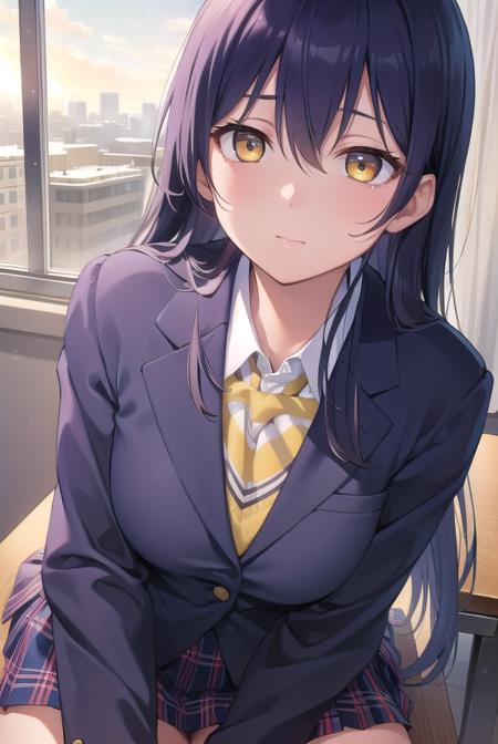 umisonoda, <lora:umisonoda-lora-nochekaiser:1>, 
umi sonoda, long hair, blue hair, (yellow eyes:1.5) (flat chest:1.2),
BREAK blazer, blue skirt, jacket, otonokizaka school uniform, pleated skirt, school uniform, winter uniform,
BREAK looking at viewer,
BREAK indoors, classroom, 
BREAK <lyco:GoodHands-beta2:1>, (masterpiece:1.2), best quality, high resolution, unity 8k wallpaper, (illustration:0.8), (beautiful detailed eyes:1.6), extremely detailed face, perfect lighting, extremely detailed CG, (perfect hands, perfect anatomy),