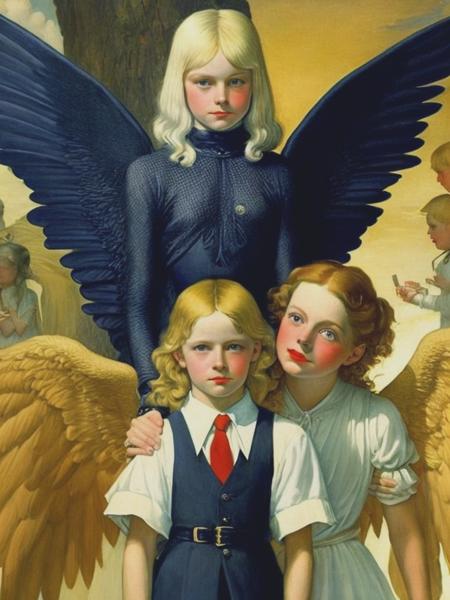 <lyco:JessieWillcoxSmith:1.0> painting of pale blonde woman having her picture taken the angel lucifer whispers to her, early 2000s fashion, school picture day, terrifying, scary and surreal, sci-fi, sci-fi poster, Jessie Willcox Smith painting