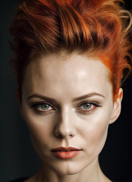 portrait of sks woman by Flora Borsi, style by Flora Borsi, bold, bright colours, orange Mohawk haircut, ((Flora Borsi)), <lora:locon_vanessaparadis_v1_from_v1_64_32:1>