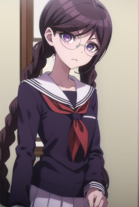 toukofukawa, <lora:touko fukawa s1-lora-nochekaiser:1>,
touko fukawa, long hair, bangs, brown hair, braid, glasses, mole, twin braids, mole under mouth, round eyewear, (brown eyes:1.3),
BREAK skirt, shirt, long sleeves, school uniform, serafuku, sailor collar, neckerchief, black shirt, red neckerchief,
BREAK indoors, classroom,
BREAK looking at viewer, (cowboy shot:1.5),
BREAK <lyco:GoodHands-beta2:1>, (masterpiece:1.2), best quality, high resolution, unity 8k wallpaper, (illustration:0.8), (beautiful detailed eyes:1.6), extremely detailed face, perfect lighting, extremely detailed CG, (perfect hands, perfect anatomy),