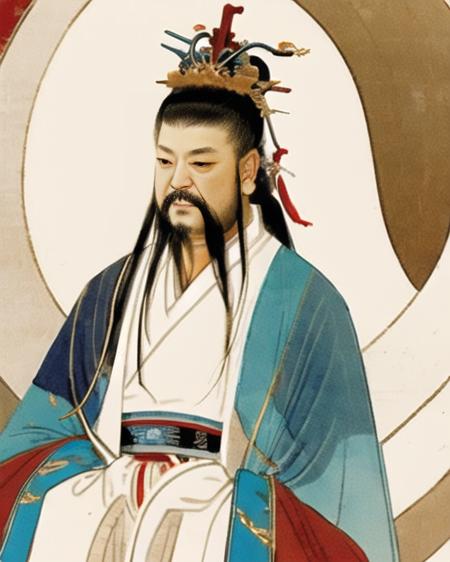 <lora:xuanxue:0.9>, Traditional Emperor Portrait Style, Flowing Beard, Distinct Chinese Facial Features, Dragon Robes, Han Dynasty, Tang Dynasty, Chinese Emperor, Imperial Ruler, Royal Figure, Historical Monarch, Regal Attire, Ceremonial Robes, Ornate Crown, Dragon Throne, Authority and Power, Dynastic Rule, Courtly Life, Imperial Palace, Regal Presence, Sovereign Leader, Ancient China, Cultural Heritage, Golden Age, Historical Icon