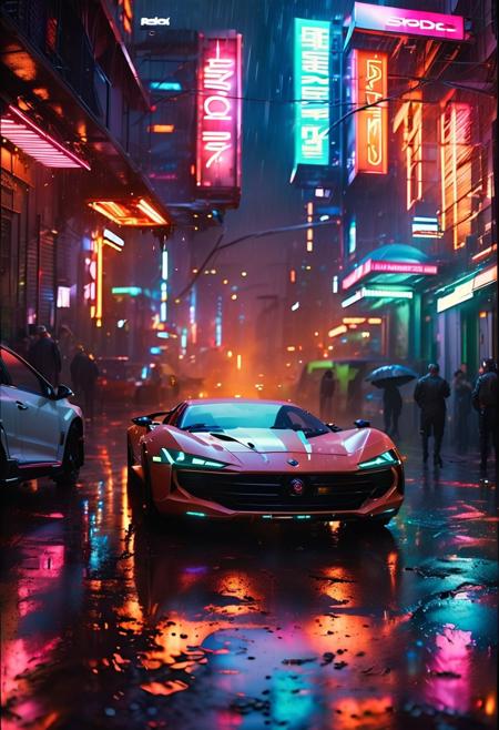 (ultra high res:1.4), (masterpiece), (beautiful lighting:1.4) ,ultra-detailed cyberpunk street scene, (neon reflections on wet pavement:1.3), holographic advertisements, floating vehicles, dense urban architecture, inspired by Blade Runner and Ghost in the Shell, art by John Harris and Syd Mead, volumetric lighting, night setting, steam rising, realistic crowd simulation, cinematic composition, lightning,  depth, GhostlyStyle