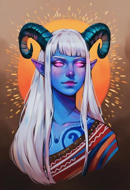 score_9, score_8_up, score_7_up, score_6_up, VitWaterStyle, 1girl, portrait, beautiful, tiefling shaman, white hair, (long hair:1.3), side bangs, horns, barbarian, gladiator, war paint, tribal markings, long tail, blue skin, pink eyes, glowing eyes, (smug:0.85), dramatic lights, detailed, sharp lines, dynamic, detailed drawing
