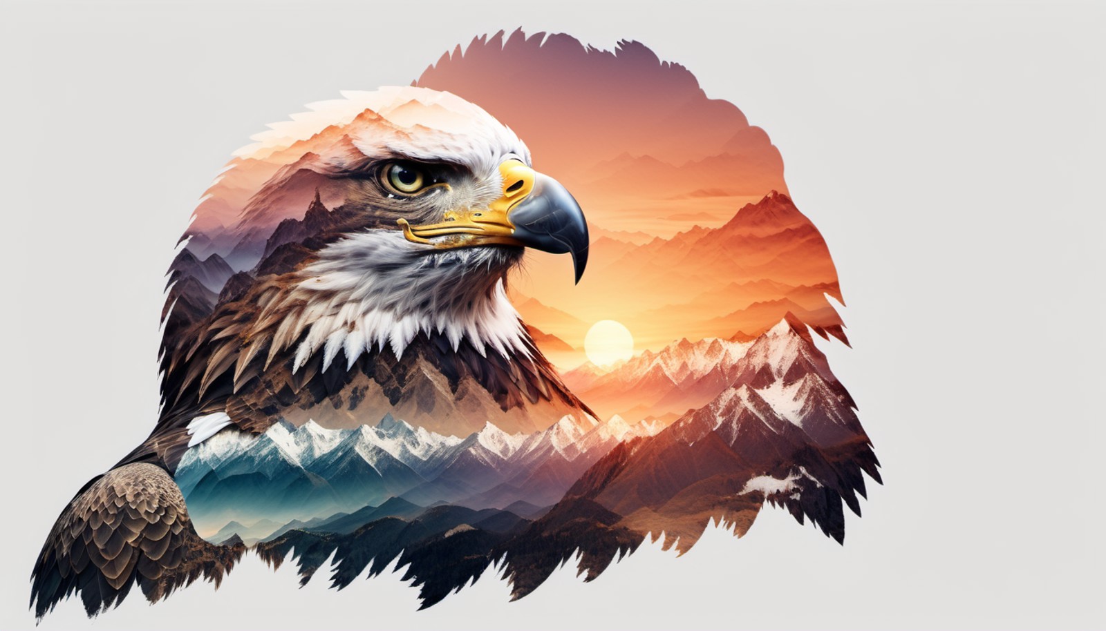 double exposure style, eagle, sunset covered mountains, white background