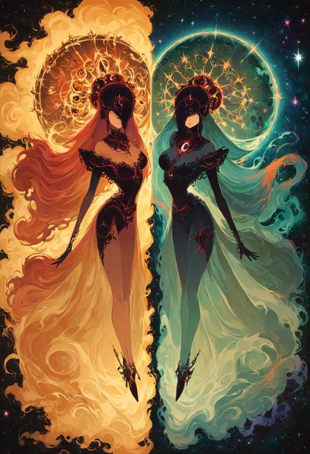 score_9, score_8_up, score_7_up, score_6_up,score_4,score_5,score_6,  (source_anime:1.2), (contrasting colors, vivid:1.2), black, monolithic, cosmic horror, silhouetted, (symmetrical pose, icon of worship, legs together, thin waist), cinematic, eyes covered, large monolithic headdress, (dark colors), imposing, (centered composition), full body, 1girl, drapery, flowing, monolithic outfit, alien imagery, (ominous, otherworldy, godly), breasts, thighs, nsfw, smoke, cosmos, nebula, ancient otherworldy being, nocturnal theme (detailed background:1.2),  <lora:aesthetic_anime_v1s:1.2>,  <lora:add-detail-xl:1>,  <lora:xl_more_art-full_v1:1.2>