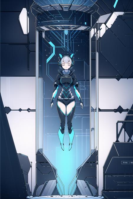 masterpiece, best quality, illustration,
machinery, aquarium, 1girl,,cultivation tank, underwater,round glass,full body, closed eyes,
1girl,icey,silver hair ,blue eyes,headphones, messy hair, short hair,factory, machinery, electricity, blue lightning,blue energy,