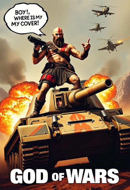 Create a fake B-Movie VHS cover art of a movie called (God of Wars), the cover features Kratos from God of War series in modern times, he is standing on to of a WW2 tank while wearing a military vest and dog tags on top of his traditional garb and carring two rocket launchers one on esch shoulder and ahooting them in the air, he is shouting in a shout bubble (BOY, WHERE IS MY COVER FIRE!), the nervous eyes of a young man can be seen through a slit in the from of the tank, his tank is surrounded by masive ridiclious explosions and enemy jets and helicopters in the air, dramatic lighting, the cover gives 80s vibes with slightly washed out colors and is despite its silliness very well rendered and extremely detailed.