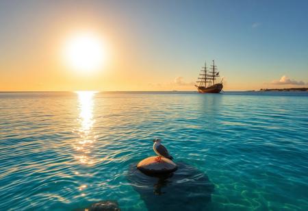 score_9, score_8_up, score_7_up, photo Quality, scenic setting of a calm Caribbean bay at sunset.  The water is crystal clear.  The sun is reflect off of the water.  A seagull sits on a rock in the middle of the bay.  There is a pirate ship anchored in the distance.